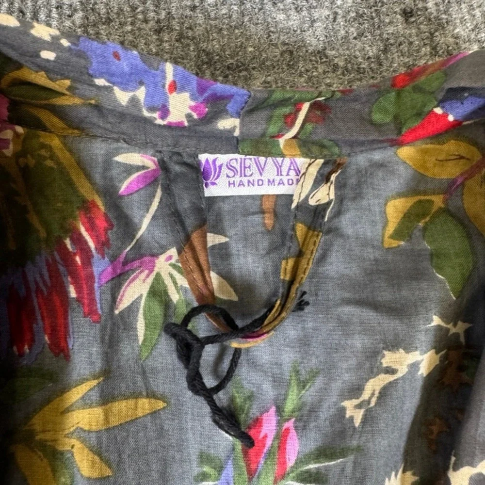 Sevya Handmade Floral Bird Print Cotton Robe Duster Gray Pink One Size Long